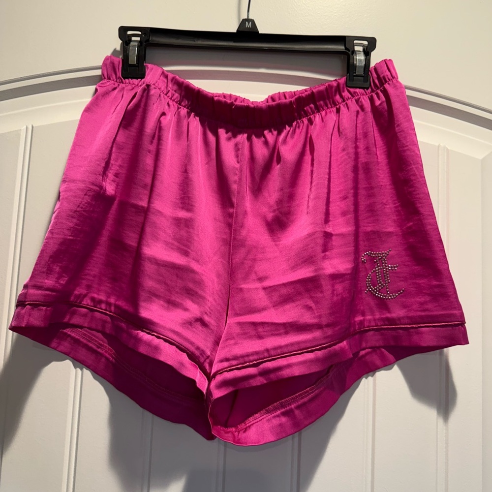 Juicy Couture Pink Satin Sleep Shorts Rhinestone JC Logo Pajama Bottoms Medium